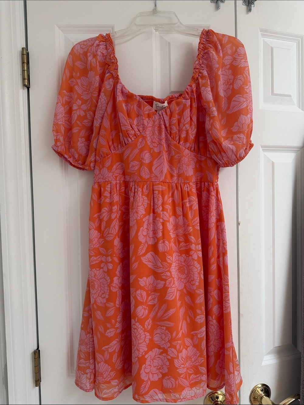 Jessica Simpson Orange Floral Puff-Sleeve Dress